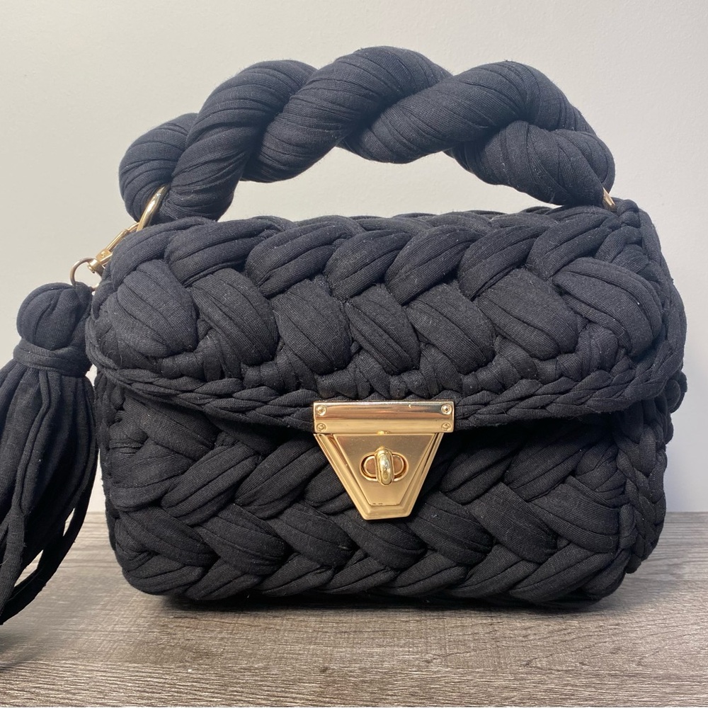 Black Braided Handbag with Gold Accents